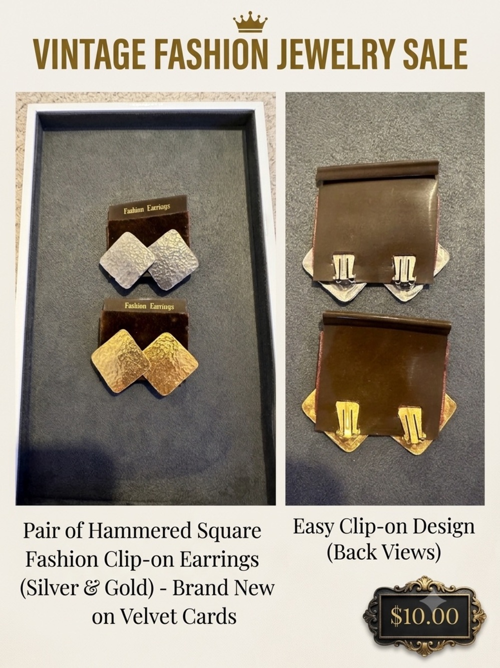 Textured Square Metal Clip-On Earrings - Gold and Silver Pair
Vintage